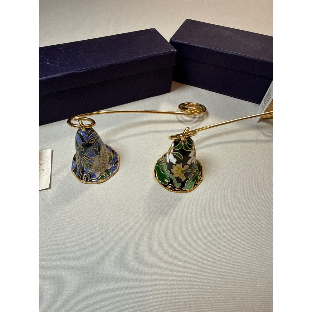 NYCO Cloisonne Candle Snuffer Pair Floral Bird Enamel Gold Tone Nicki Yassaman